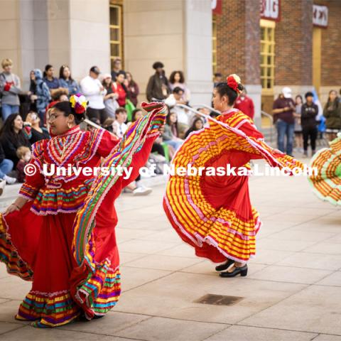 Dancers performing a traditional  dance. Fiesta on the green at the Nebraska Union Plaza. Fiesta on the Green is an annual Latino culture and heritage festival. October 5, 2023. Photo by Kristen Labadie / University Communication.